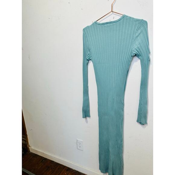 SIMON MILLER Teal Light Blue Ribbed Long Sleeve Fitted Maxi Dress Size Medium - Picture 7 of 14